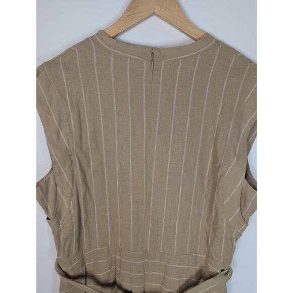 NWT DKNY Linen Blend Striped Sleeveless Surplice Midi Dress in Khaki/White - Picture 9 of 9